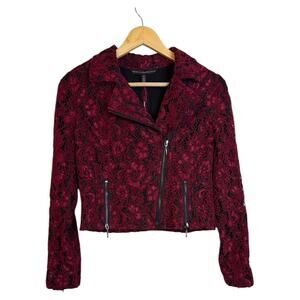 White House Black Market Dark Sangria Lace Zipper Moto Cropped Jacket Sz XS NEW